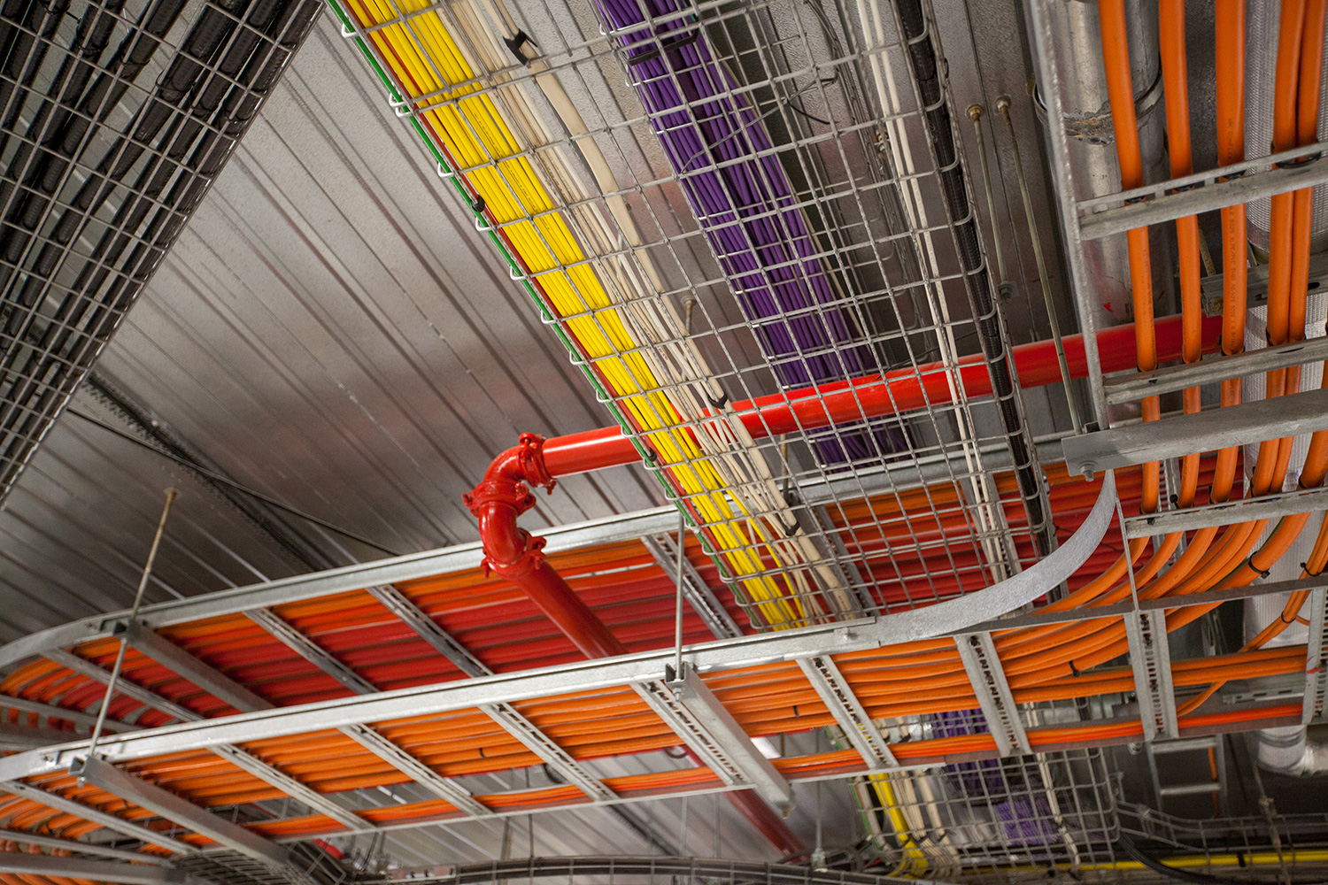 Large overhead view of structured cabling in a distribution center